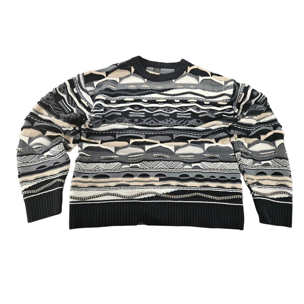 Coogi Style Sweater Mens XL Black Gray Cream 3D Textured Knit